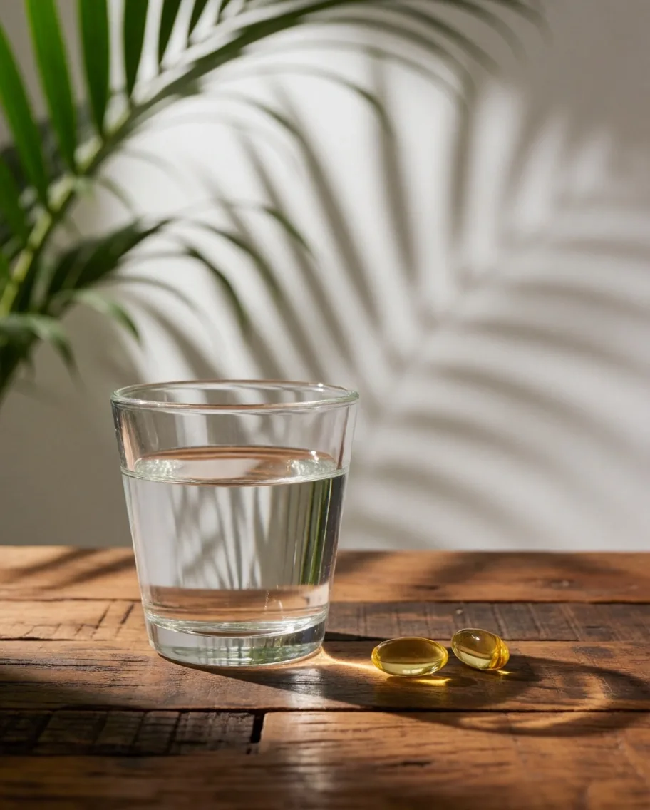 Morning supplement routine on a wooden workbench