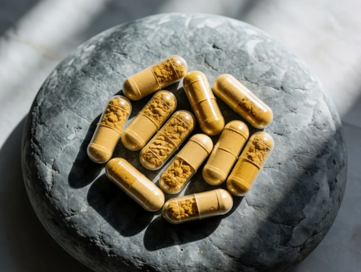 Natural supplement capsules arranged on a stone surface