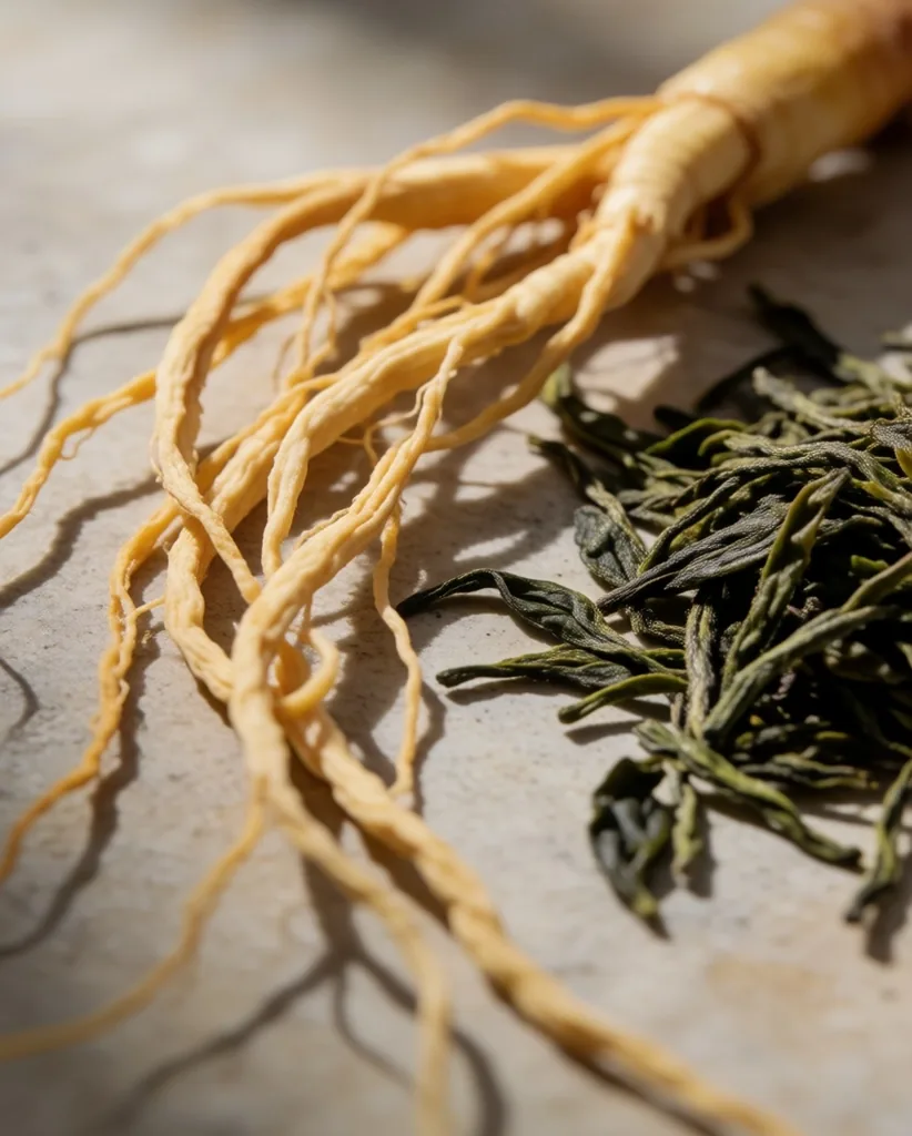 Ginseng strands and sencha leaves with endurance supplement capsules