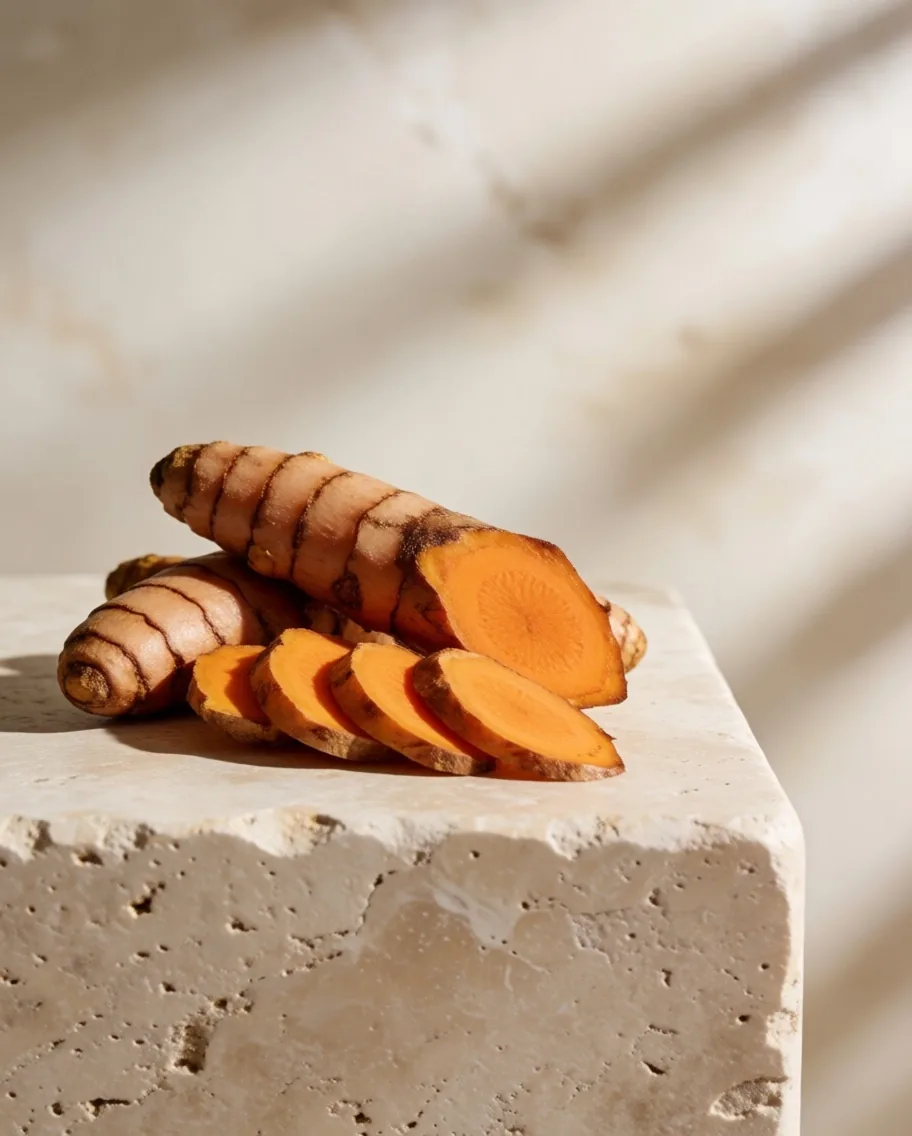Temulawak and turmeric roots arranged on stone with natural capsules