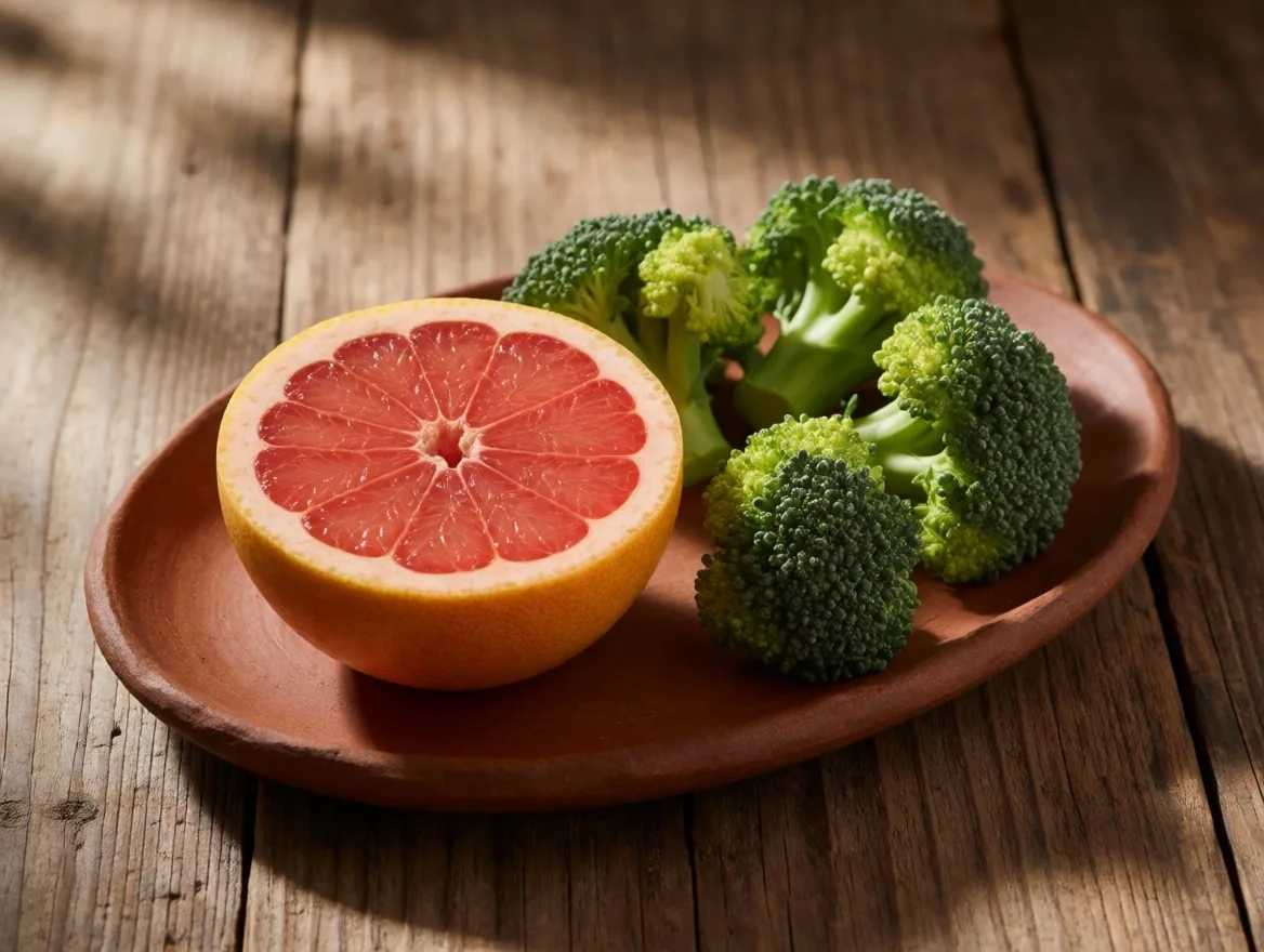 Citrus fruits and vegetables rich in vitamin C on a ceramic plate