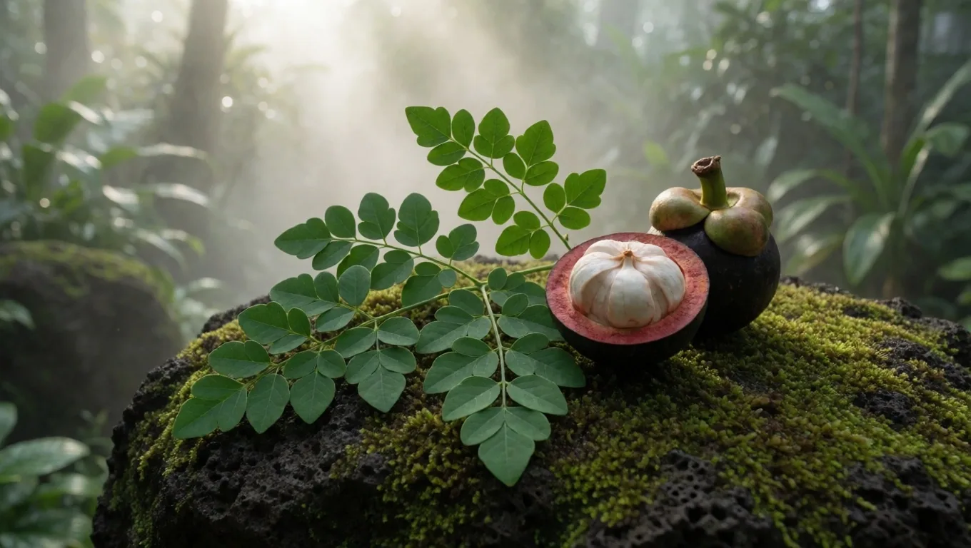 Tropical Indonesian botanicals arranged on a stone surface in morning light