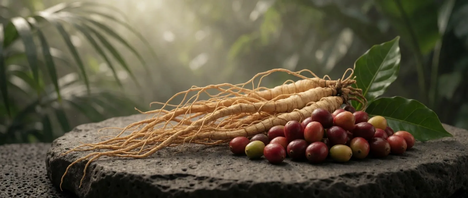 Coffee berries and ginseng roots as botanical specimens